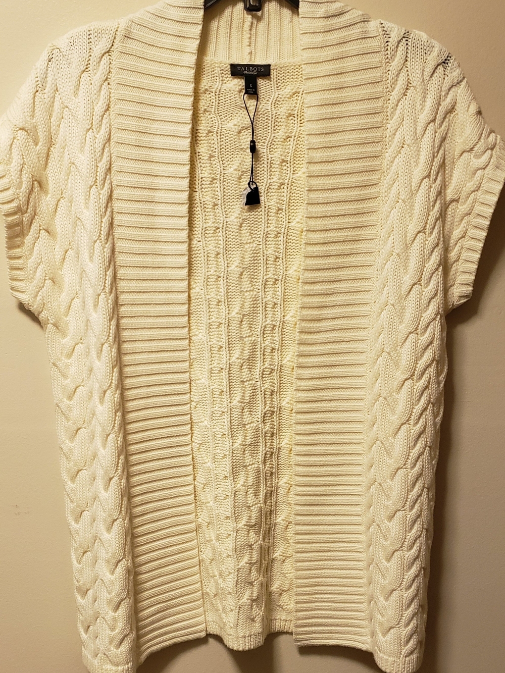 Talbots Cream Cable Knit Short Sleeve Open Cardigan